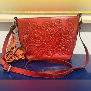 Patricia Nash Floral Rose Tooled Leather Purse Handbag Cross Body Bag Red Charm